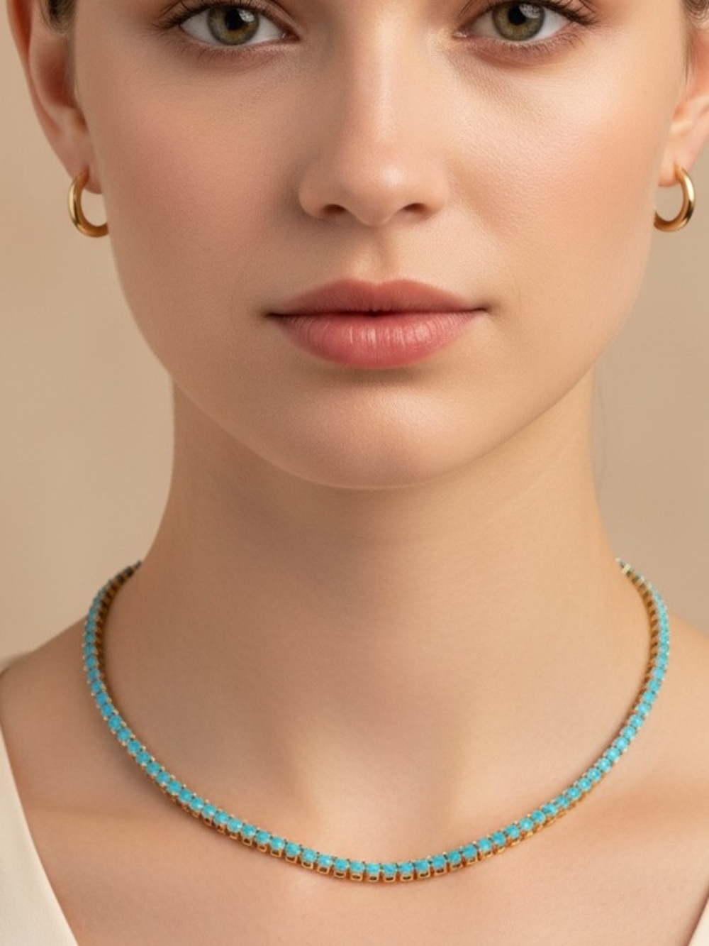 18k Gold Plated Turquoise Clavicle Tennis Link Necklace. New.